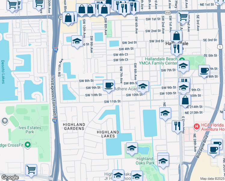 map of restaurants, bars, coffee shops, grocery stores, and more near 709 Southwest 9th Street in Hallandale Beach