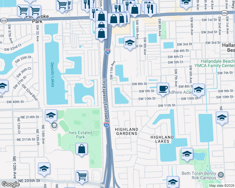 map of restaurants, bars, coffee shops, grocery stores, and more near 1050 Southwest 11th Avenue in Hallandale Beach