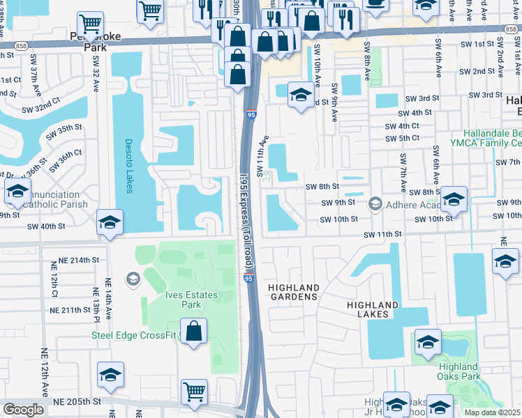 map of restaurants, bars, coffee shops, grocery stores, and more near 1050 Southwest 11th Avenue in Hallandale Beach