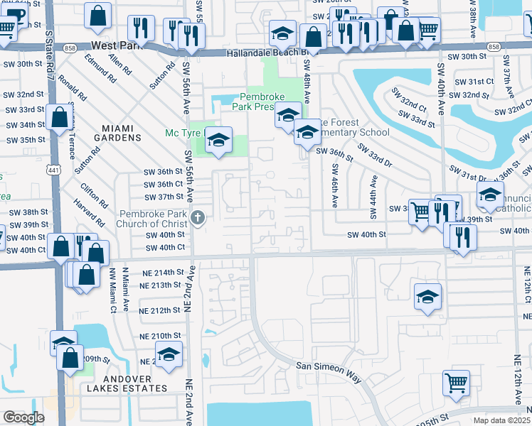 map of restaurants, bars, coffee shops, grocery stores, and more near 3871 Southwest 52nd Avenue in Pembroke Park