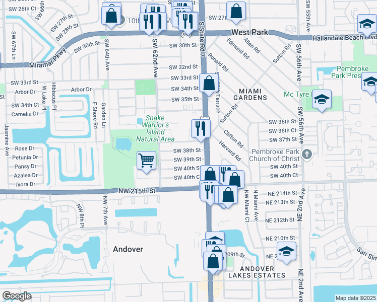 map of restaurants, bars, coffee shops, grocery stores, and more near 6047 Southwest 38th Street in Miramar