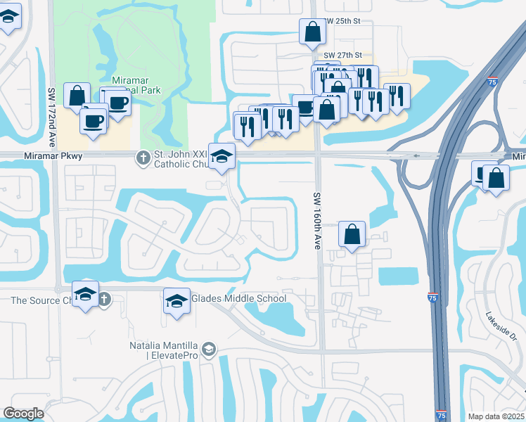 map of restaurants, bars, coffee shops, grocery stores, and more near 16210 Southwest 36th Street in Miramar