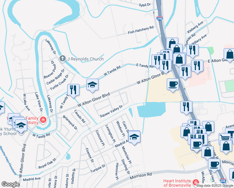 map of restaurants, bars, coffee shops, grocery stores, and more near 4588-4598 La Salida Drive in Brownsville