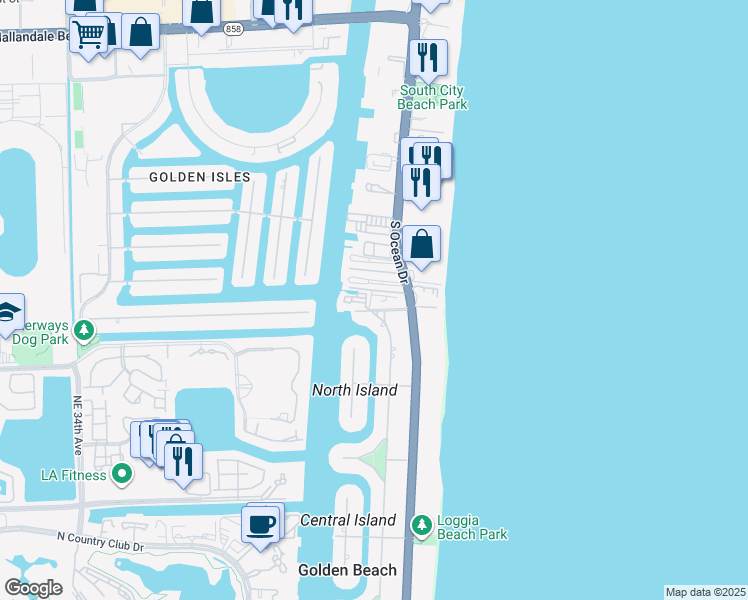 map of restaurants, bars, coffee shops, grocery stores, and more near 3181 South Ocean Drive in Hallandale Beach