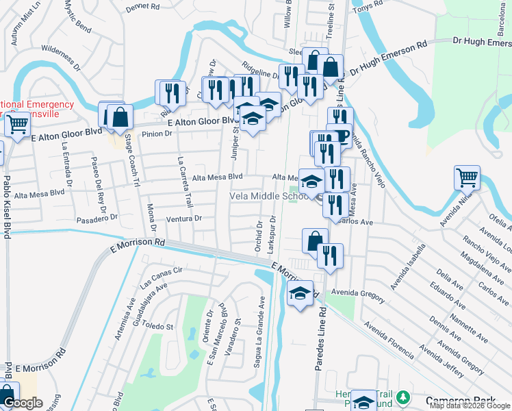 map of restaurants, bars, coffee shops, grocery stores, and more near 1784 Violet Drive in Brownsville