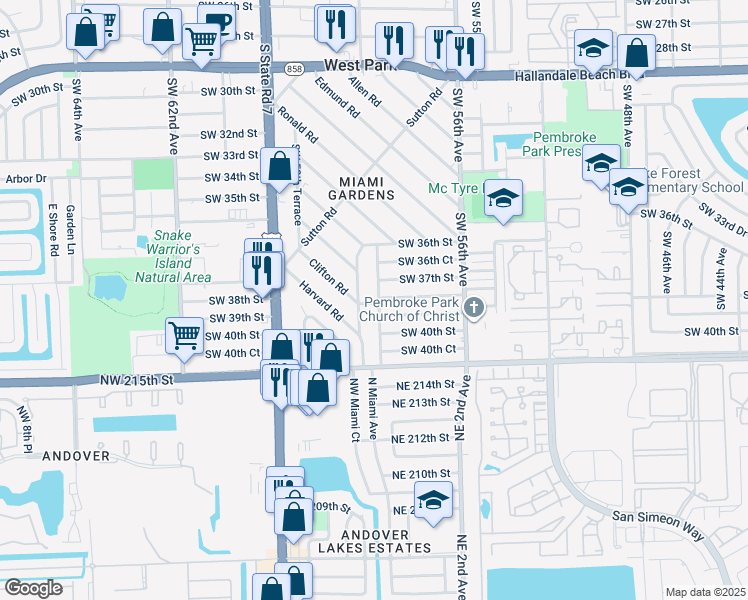 map of restaurants, bars, coffee shops, grocery stores, and more near 3800 Southwest 58th Avenue in West Park