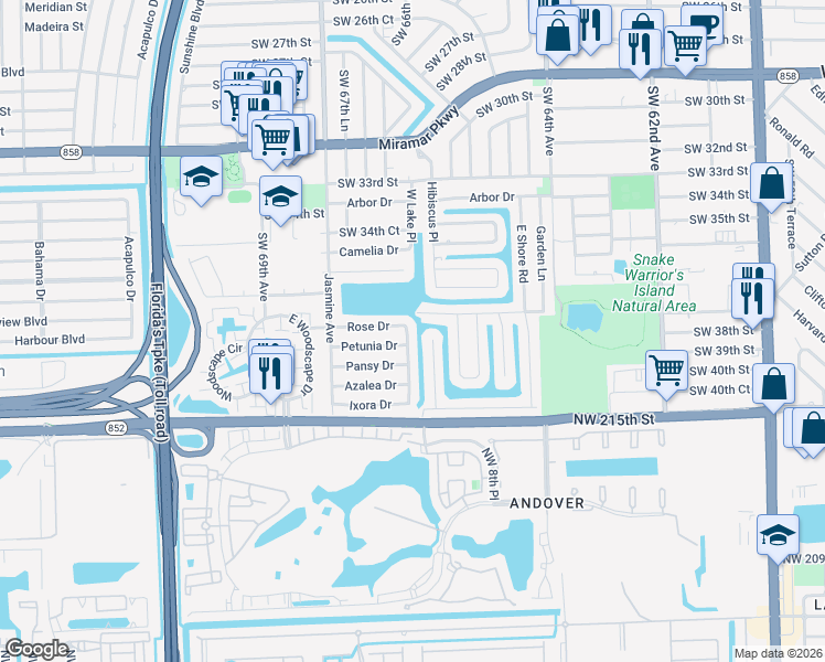 map of restaurants, bars, coffee shops, grocery stores, and more near 3813 Southwest 67th Terrace in Miramar