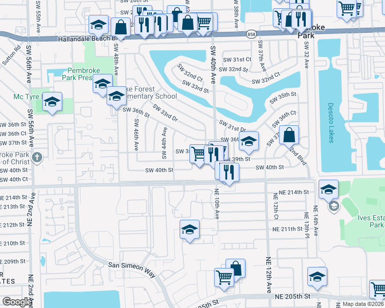map of restaurants, bars, coffee shops, grocery stores, and more near 3800 Southwest 41st Avenue in West Park
