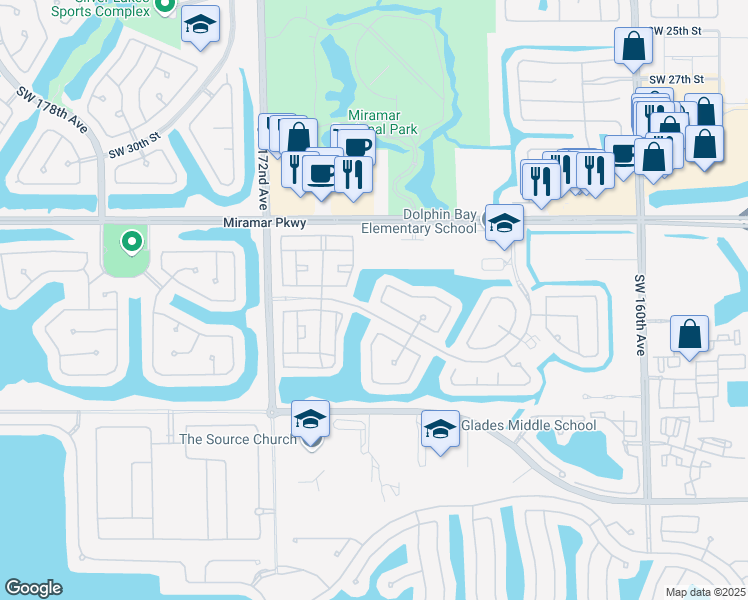 map of restaurants, bars, coffee shops, grocery stores, and more near 3630 Southwest 168th Terrace in Miramar