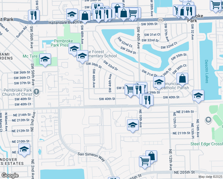 map of restaurants, bars, coffee shops, grocery stores, and more near 3811 Southwest 44th Avenue in West Park