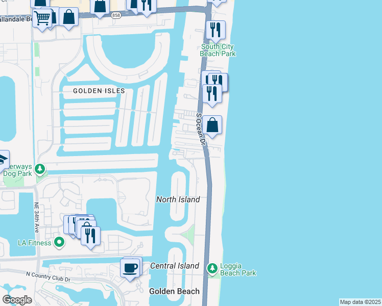 map of restaurants, bars, coffee shops, grocery stores, and more near 3181 South Ocean Drive in Hallandale Beach