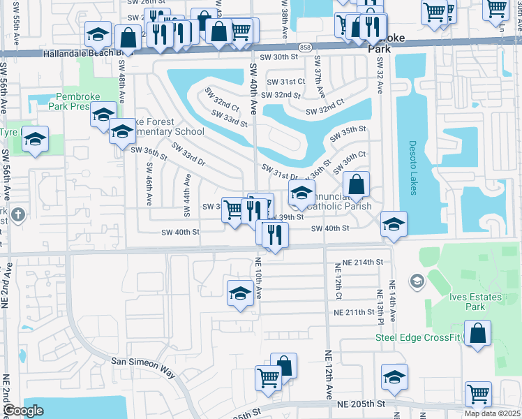 map of restaurants, bars, coffee shops, grocery stores, and more near 3659 Southwest 40th Avenue in West Park