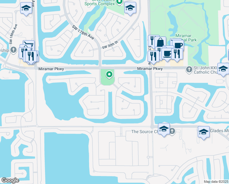 map of restaurants, bars, coffee shops, grocery stores, and more near 3408 Southwest 175th Avenue in Miramar