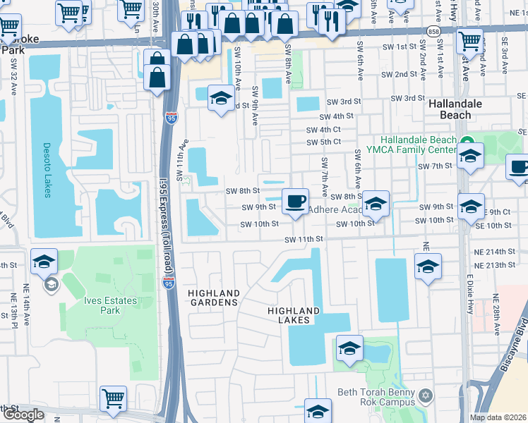 map of restaurants, bars, coffee shops, grocery stores, and more near 853 Southwest 9th Street in Hallandale Beach