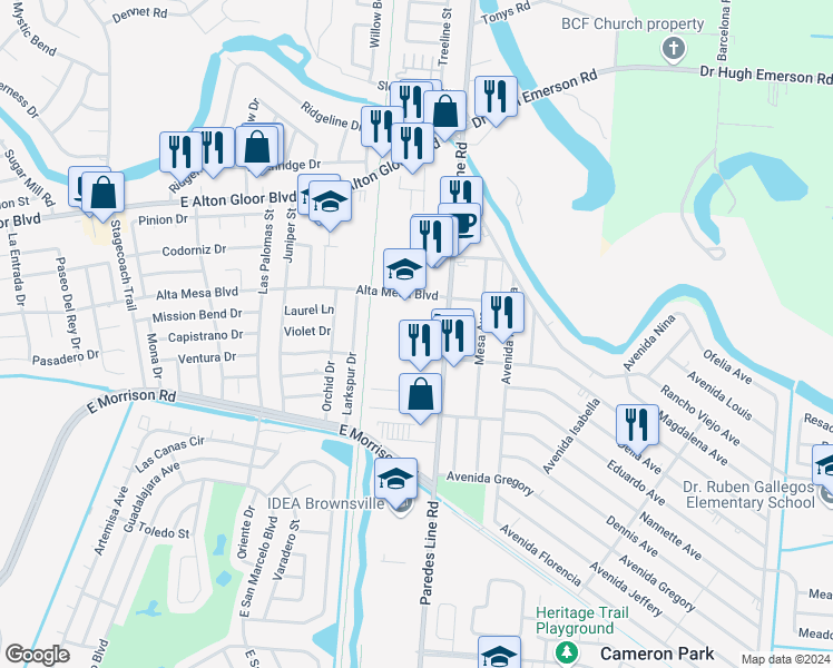 map of restaurants, bars, coffee shops, grocery stores, and more near 4905 Paredes Line Road in Brownsville