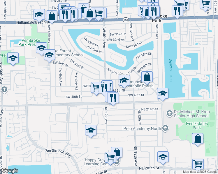 map of restaurants, bars, coffee shops, grocery stores, and more near 3659 Southwest 40th Avenue in West Park