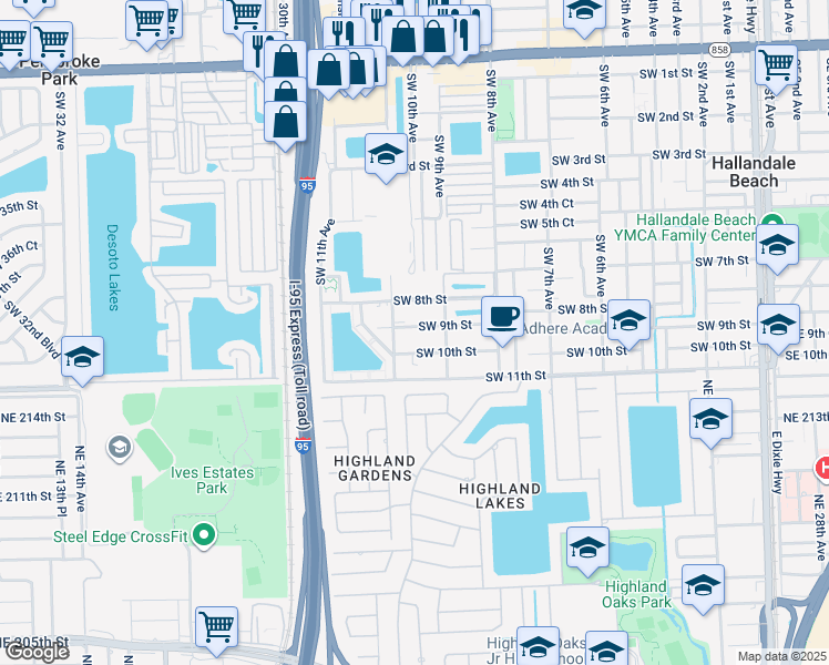 map of restaurants, bars, coffee shops, grocery stores, and more near 927 Southwest 9th Street in Hallandale Beach