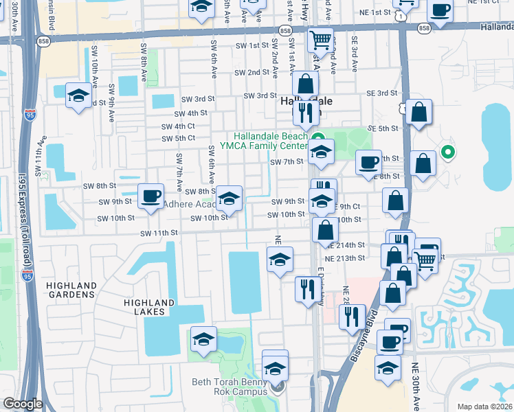 map of restaurants, bars, coffee shops, grocery stores, and more near 215 Southwest 9th Street in Hallandale Beach