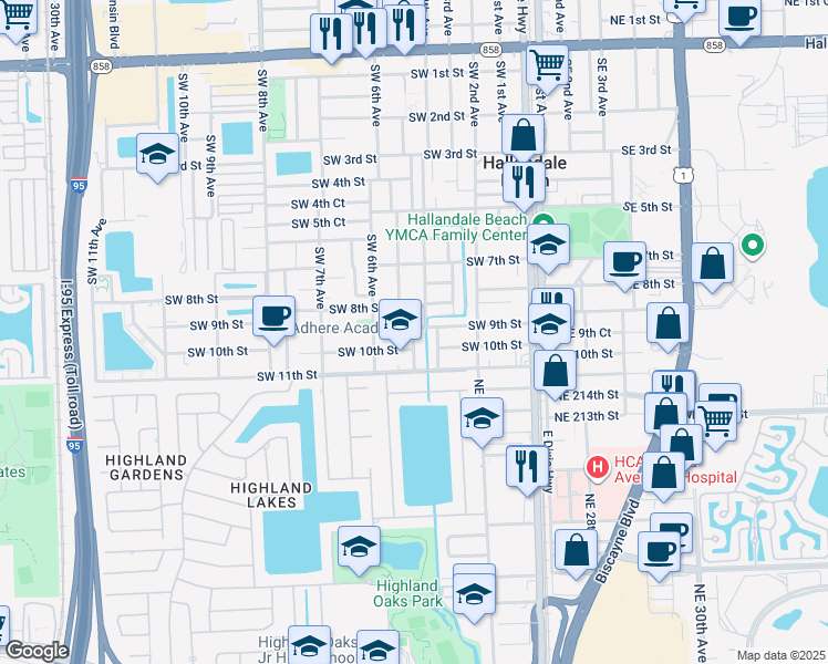 map of restaurants, bars, coffee shops, grocery stores, and more near 905 Southwest 4th Terrace in Hallandale Beach