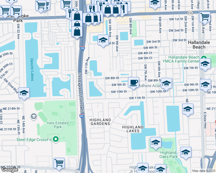 map of restaurants, bars, coffee shops, grocery stores, and more near 927 Southwest 9th Street in Hallandale Beach