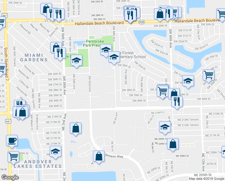 map of restaurants, bars, coffee shops, grocery stores, and more near 3898 Southwest 48th Avenue in Pembroke Park