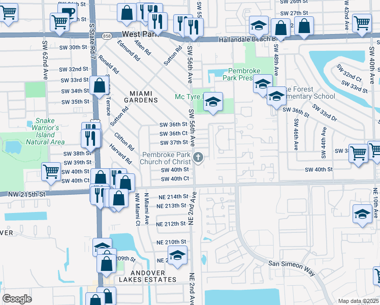 map of restaurants, bars, coffee shops, grocery stores, and more near 5620 Southwest 38th Street in West Park
