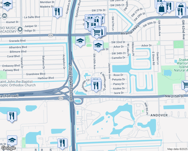 map of restaurants, bars, coffee shops, grocery stores, and more near 6912 Southwest 37th Street in Miramar