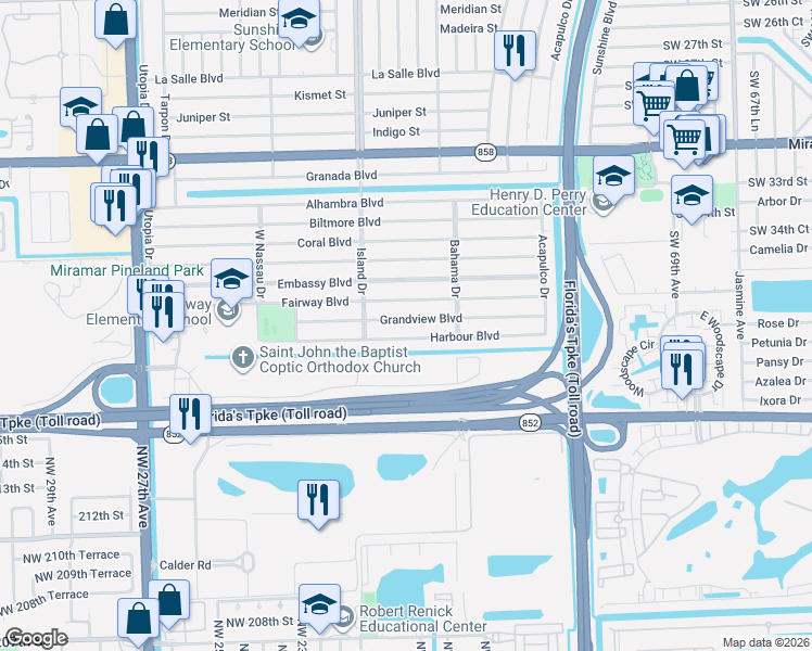 map of restaurants, bars, coffee shops, grocery stores, and more near 7612 Grandview Boulevard in Miramar