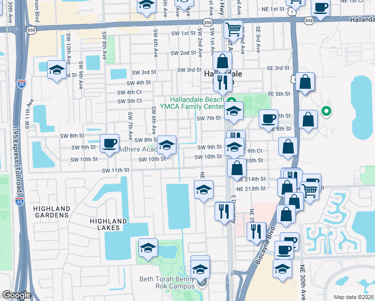 map of restaurants, bars, coffee shops, grocery stores, and more near 215 Southwest 9th Street in Hallandale Beach