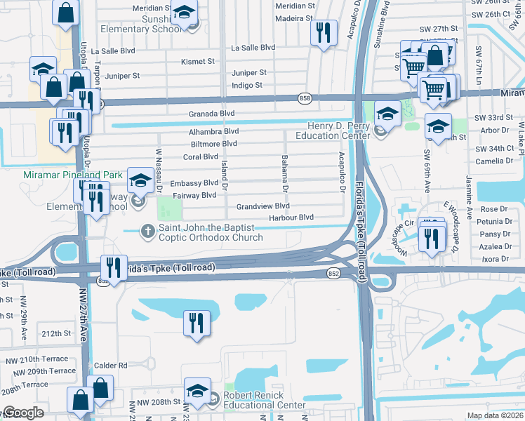 map of restaurants, bars, coffee shops, grocery stores, and more near 7612 Grandview Boulevard in Miramar