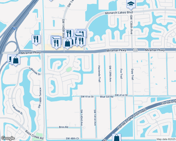 map of restaurants, bars, coffee shops, grocery stores, and more near 14220 Southwest 36th Court in Miramar
