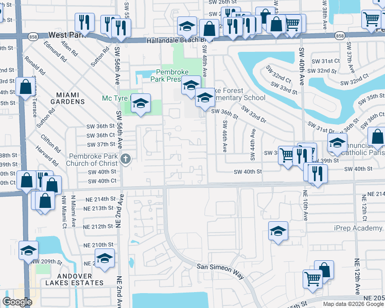 map of restaurants, bars, coffee shops, grocery stores, and more near 3898 Southwest 48th Avenue in Pembroke Park