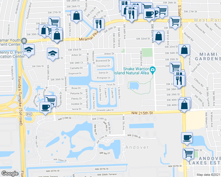 map of restaurants, bars, coffee shops, grocery stores, and more near 3808 East Lake Road in Miramar