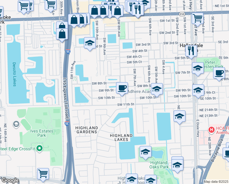 map of restaurants, bars, coffee shops, grocery stores, and more near 825 Southwest 9th Street in Hallandale Beach