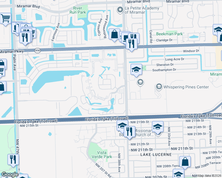 map of restaurants, bars, coffee shops, grocery stores, and more near Southwest 36th Manor in Miramar