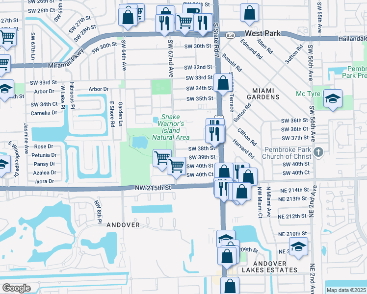 map of restaurants, bars, coffee shops, grocery stores, and more near 6133 Southwest 38th Street in Miramar