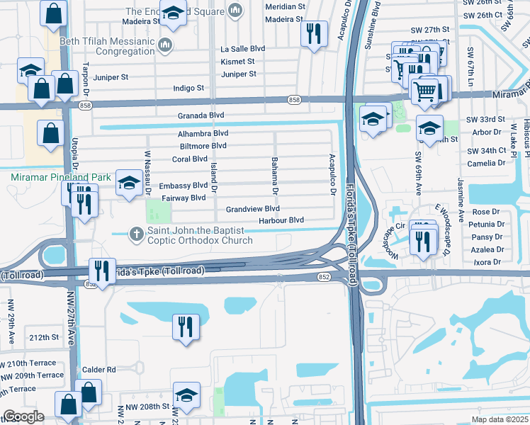 map of restaurants, bars, coffee shops, grocery stores, and more near 7510 Grandview Boulevard in Miramar