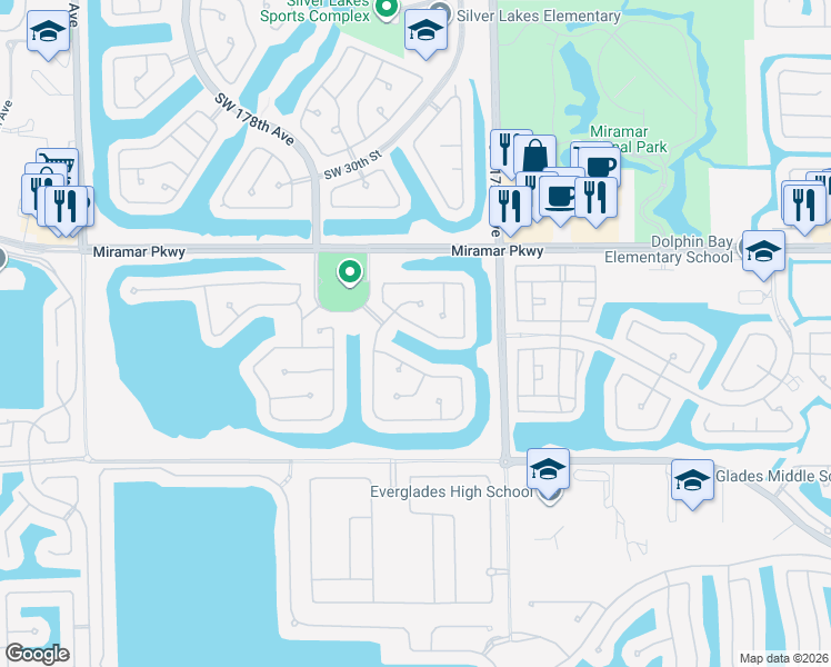 map of restaurants, bars, coffee shops, grocery stores, and more near 17426 Southwest 33rd Court in Miramar