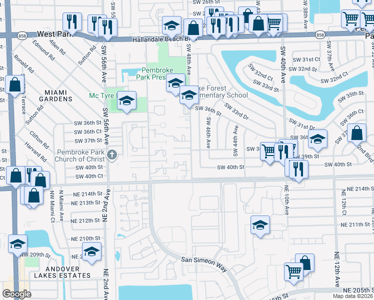 map of restaurants, bars, coffee shops, grocery stores, and more near 3876 Southwest 48th Avenue in Pembroke Park