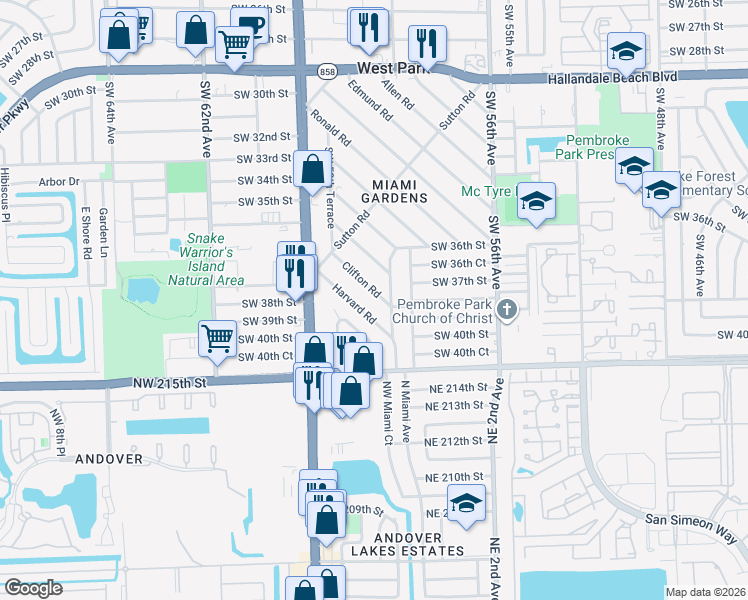 map of restaurants, bars, coffee shops, grocery stores, and more near 122 Clifton Road in West Park