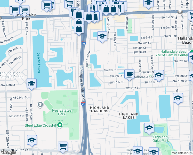 map of restaurants, bars, coffee shops, grocery stores, and more near 22 Southwest 10th Terrace in Hallandale Beach