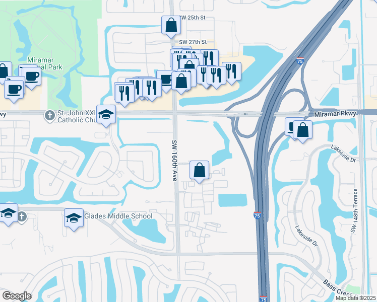 map of restaurants, bars, coffee shops, grocery stores, and more near 3601 Southwest 160th Avenue in Miramar