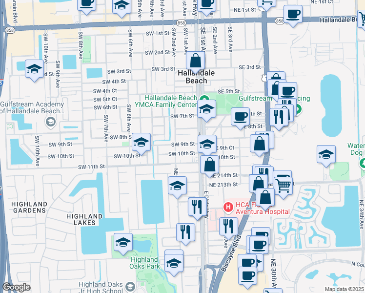 map of restaurants, bars, coffee shops, grocery stores, and more near 105 Southwest 9th Street in Hallandale Beach