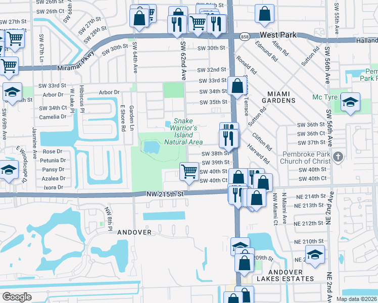 map of restaurants, bars, coffee shops, grocery stores, and more near 6133 Southwest 38th Street in Miramar