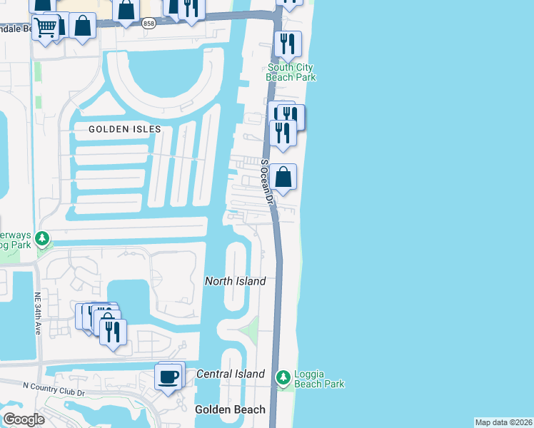 map of restaurants, bars, coffee shops, grocery stores, and more near 3199 South Ocean Drive in Hallandale Beach