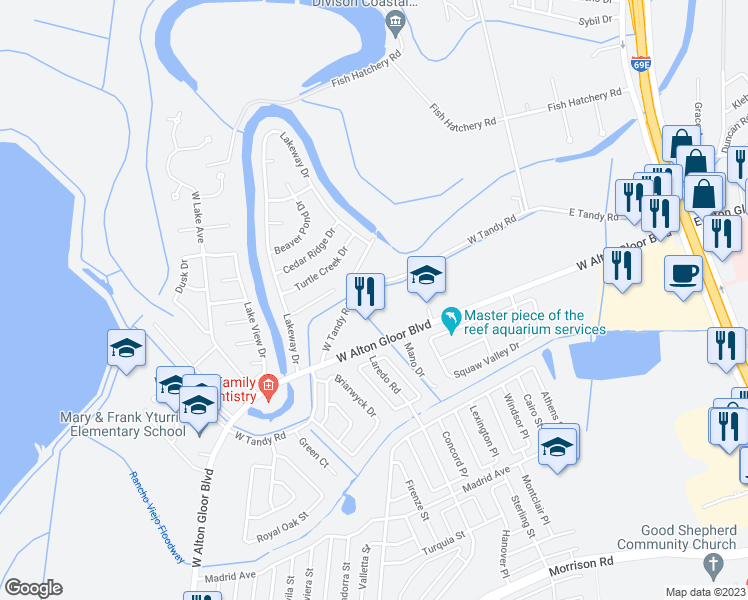 map of restaurants, bars, coffee shops, grocery stores, and more near 1030 Pablo Garcia Drive in Brownsville