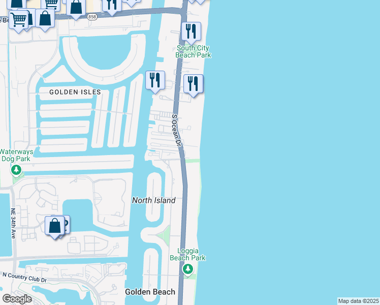 map of restaurants, bars, coffee shops, grocery stores, and more near 3189 South Ocean Drive in Hallandale Beach