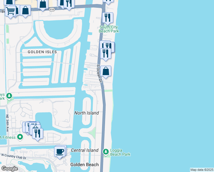 map of restaurants, bars, coffee shops, grocery stores, and more near 699 Ocean Boulevard in Golden Beach