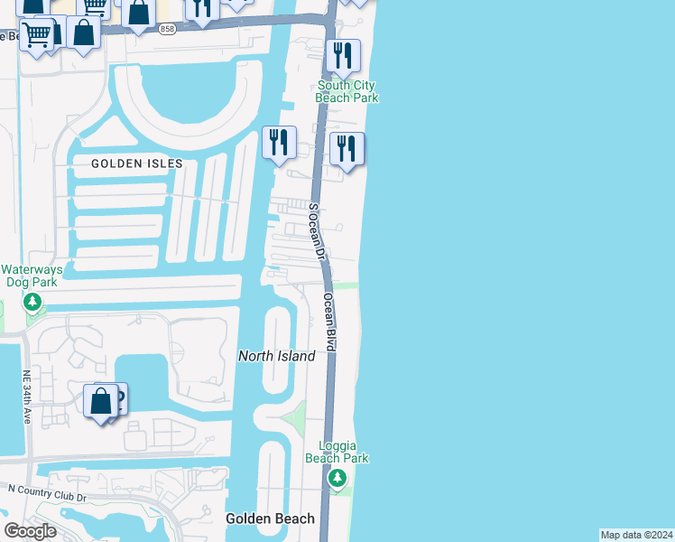 map of restaurants, bars, coffee shops, grocery stores, and more near 699 Ocean Boulevard in Golden Beach