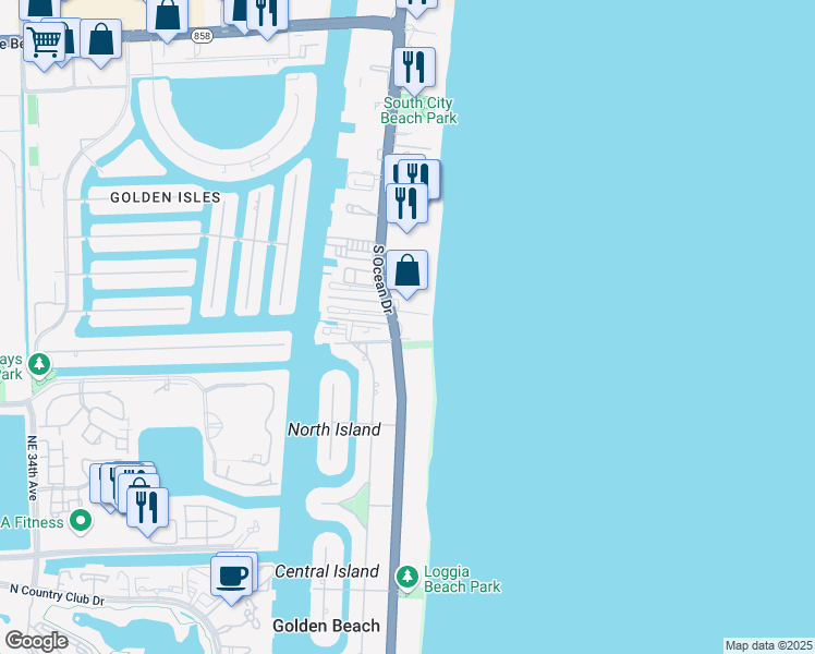 map of restaurants, bars, coffee shops, grocery stores, and more near 699 Ocean Boulevard in Golden Beach
